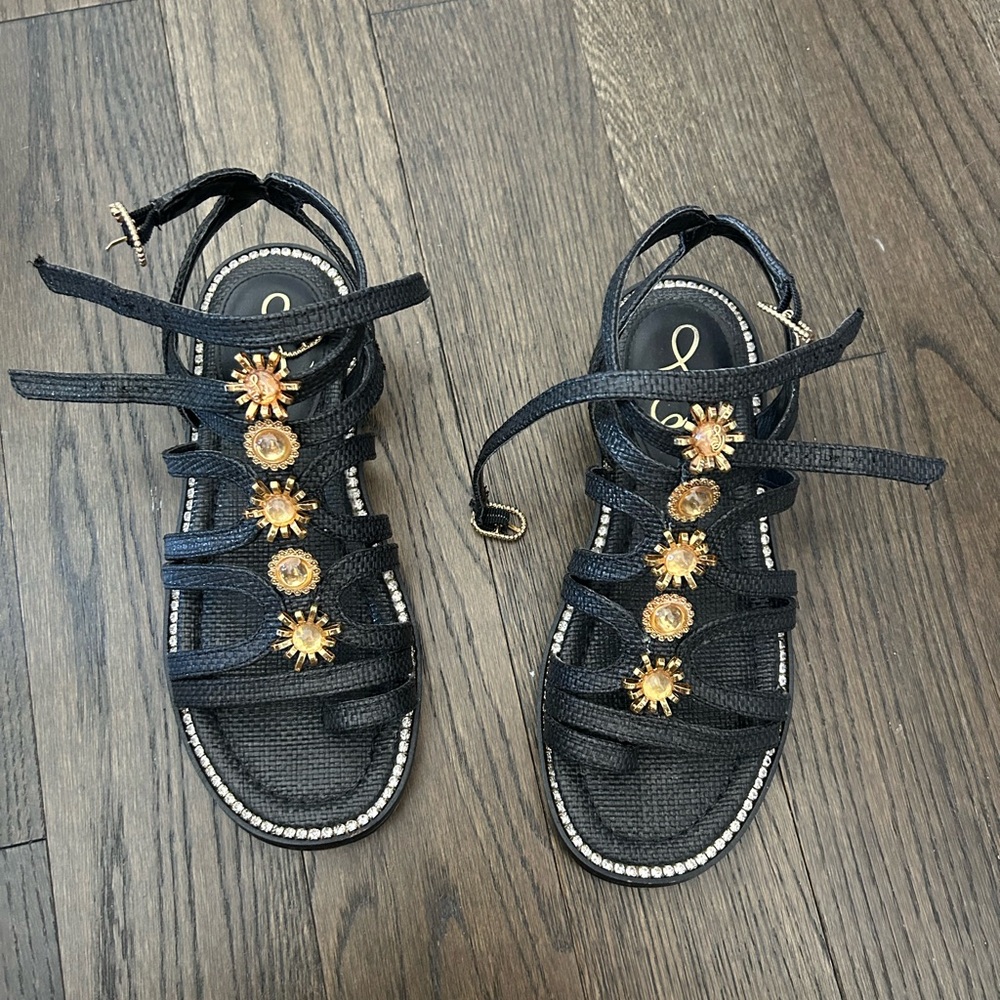 Sam Edelman Black Sandals with Gold Floral Accents